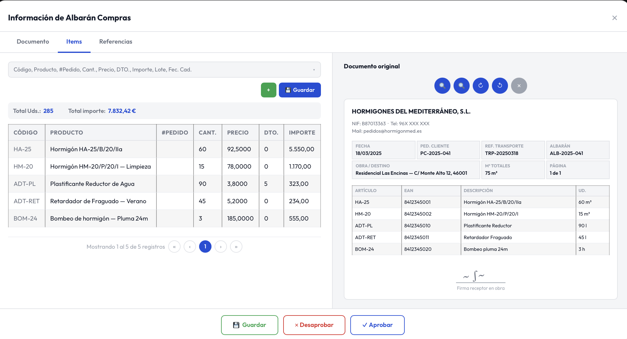 Captura del listado de compras de un albarán digitalizado con Dijit.app