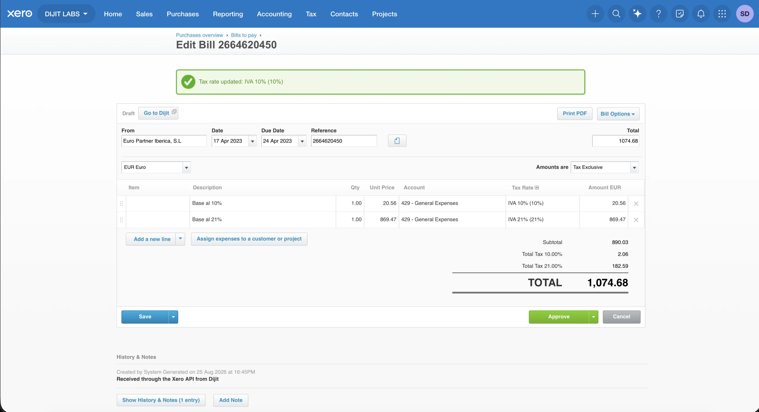 A purchase bill inside Xero created by Dijit: draft status, one tax rate and one nominal account on each line, and a Go to Dijit link back to the original document