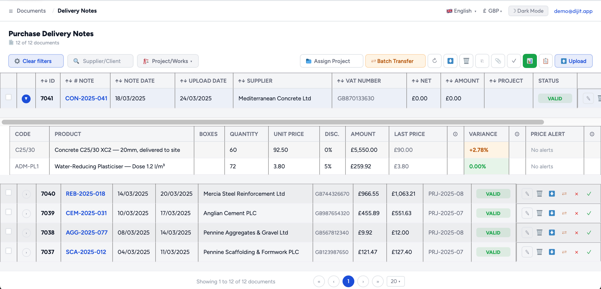 Dijit matches delivery notes and bills with AI and posts them to Xero: purchase delivery notes from UK suppliers with their GB VAT numbers, amounts in pounds, line detail and a price variance alert