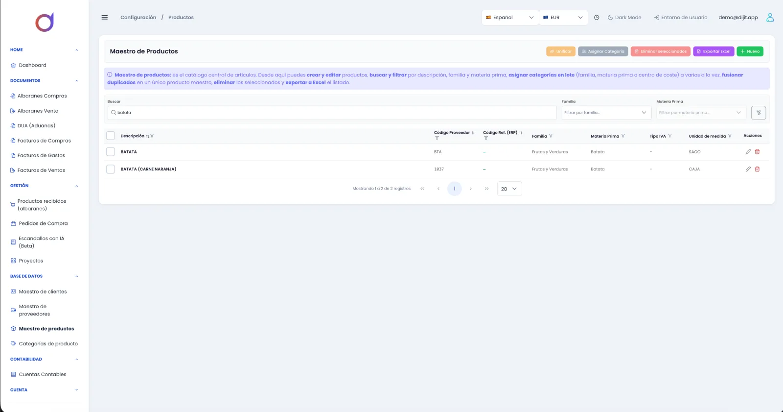 Maestro de productos de Dijit para la gestión de compras con IA generativa y OCR Pro: búsqueda por descripción, código de proveedor, código ERP, familia, materia prima, tipo de IVA y unidad de medida
