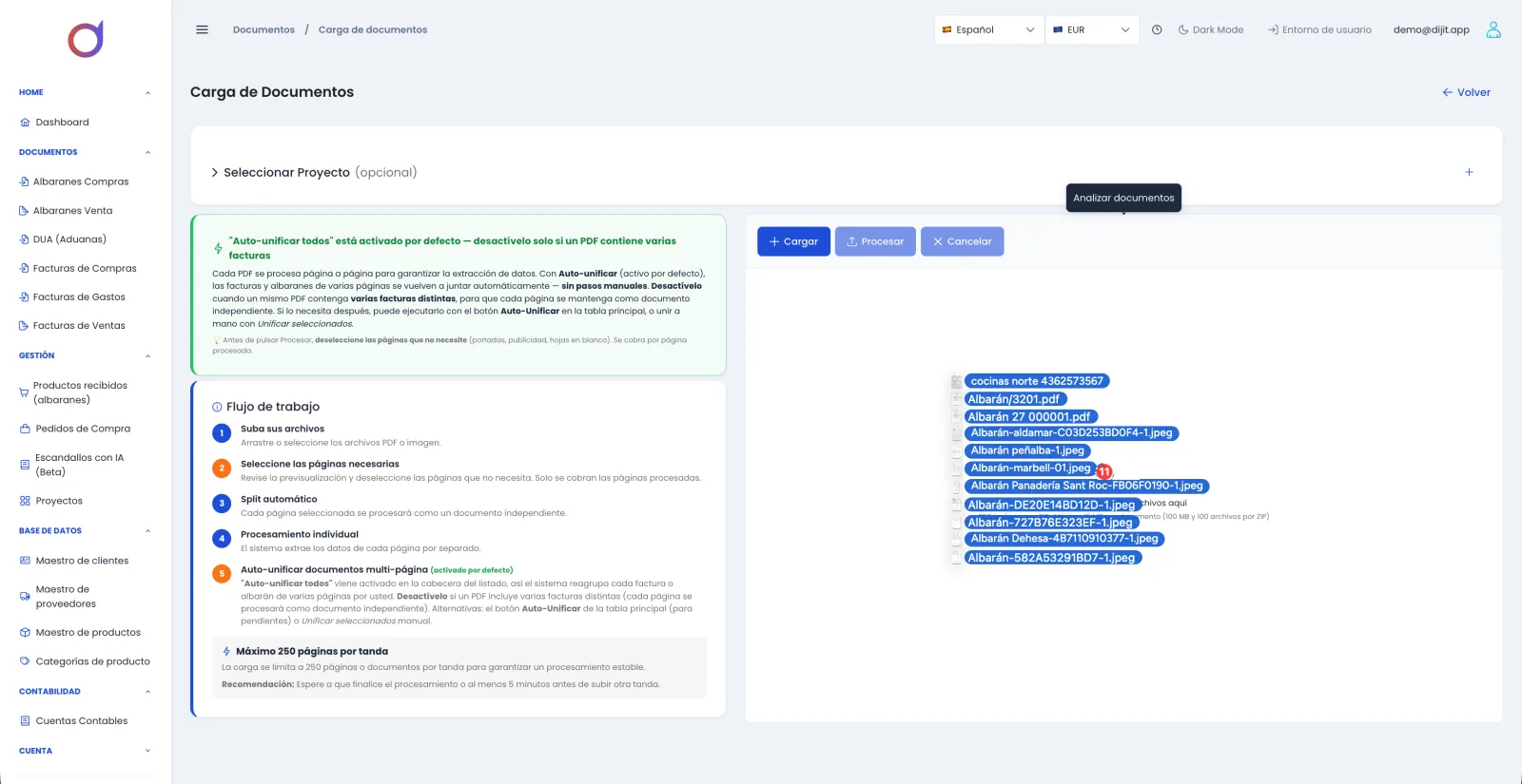 Pantalla de carga de documentos de Dijit con albaranes en PDF y JPG seleccionados, la misma cola a la que llegan los archivos que se descargan desde mail o Dropbox